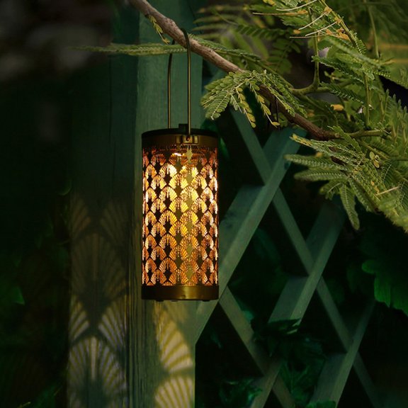 GOOHOCHY Solar Powered Hollowout Golden Iron Pendant Light for Outdoor Decoration with Simple Installation