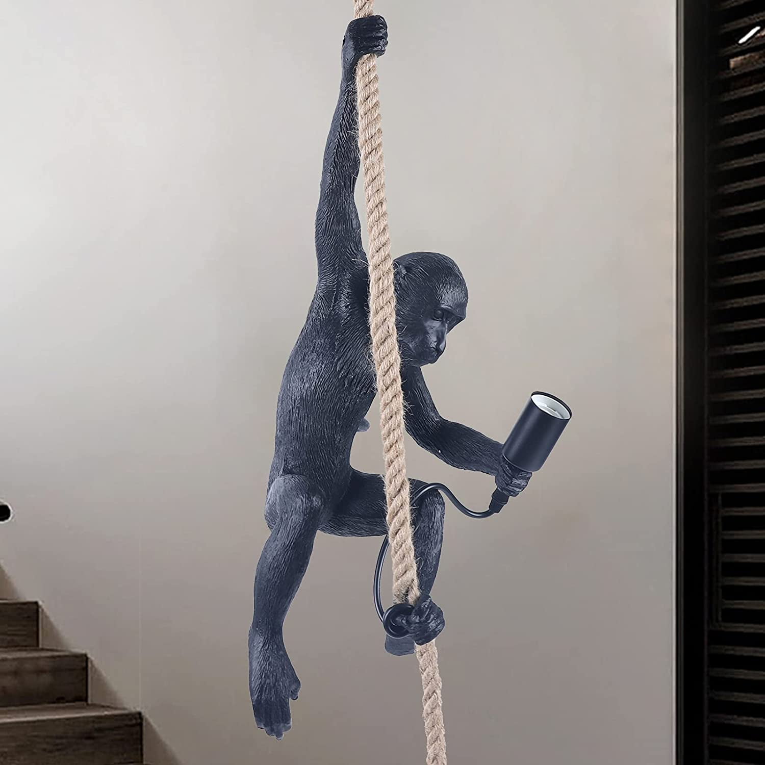 Miumaeov Vintage Resin Monkey Chandelier, Hemp Rope Monkey Pendant Light (Black)