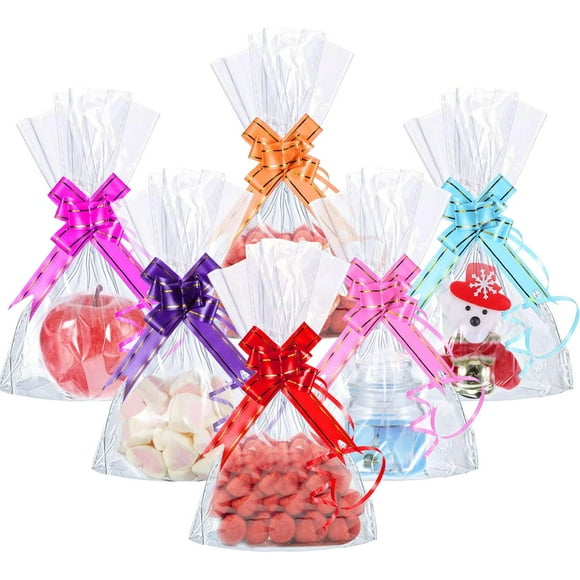 50 Pcs Sacs en Cellophane Transparents à Fond Plat avec 60 Nœuds Papillon à Tirer 6 x 10 Pouces Sacs-Cadeaux en Cellophane pour Anniversaires, Mariages, Fêtes, Mariée, Fêtes Prénatales