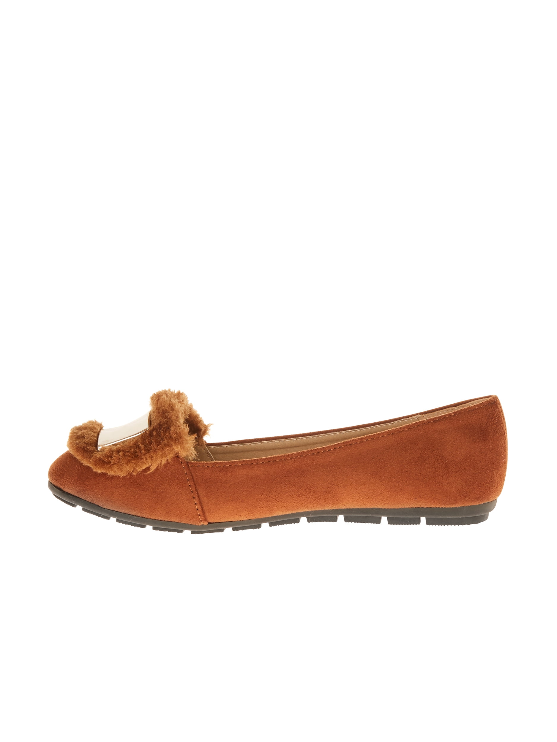 Victoria K Women's Soft Textured Material With Faux Fur Ornament And Solid Silver Placket Ballerina Flats
