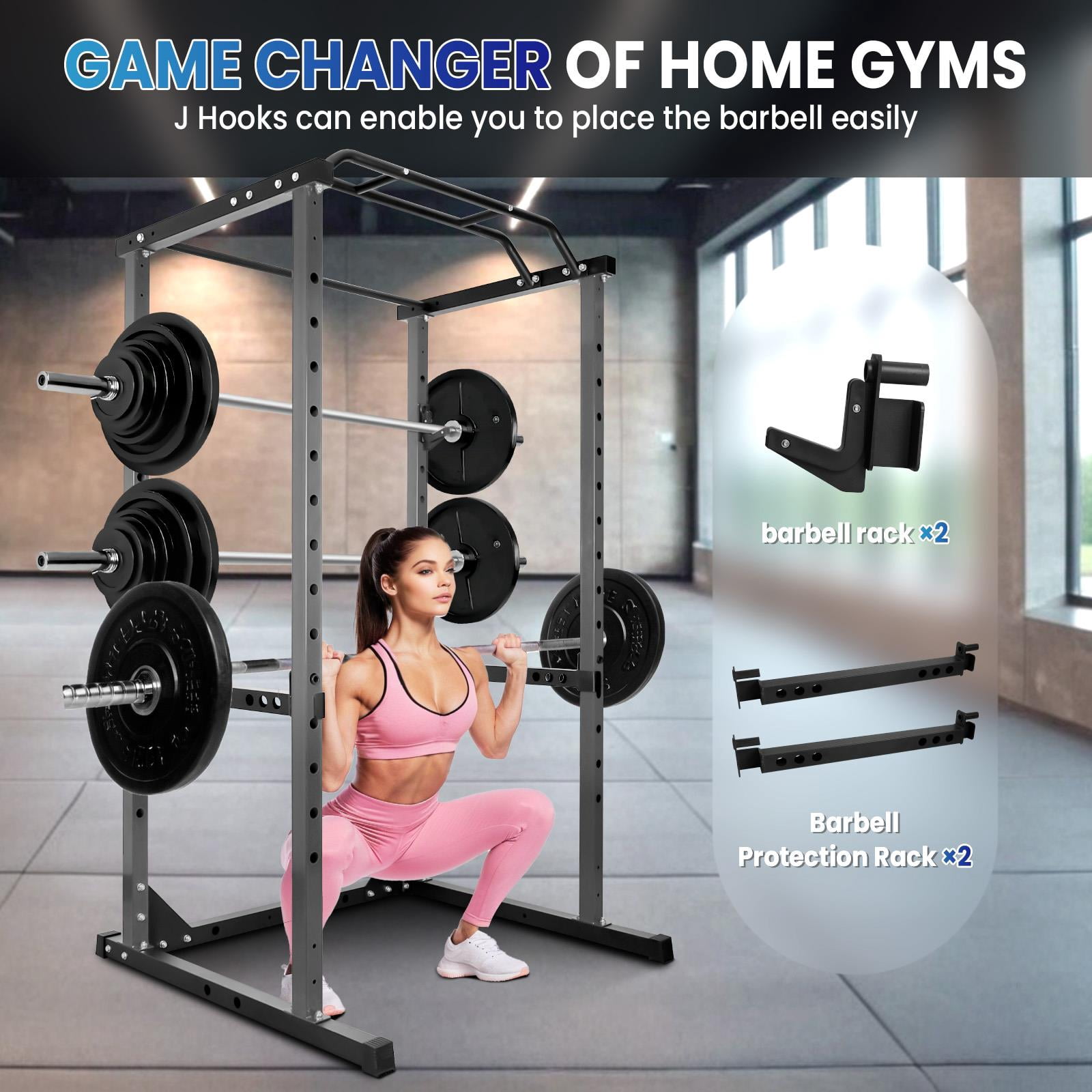Adjustable Power Cage, 1200LBS Capacity Squat Rack with Pull-Up Bar, J-Hooks & Safety Bars, Commercial Grade Home Gym Equipment for Weightlifting, Bench Press, Squats
