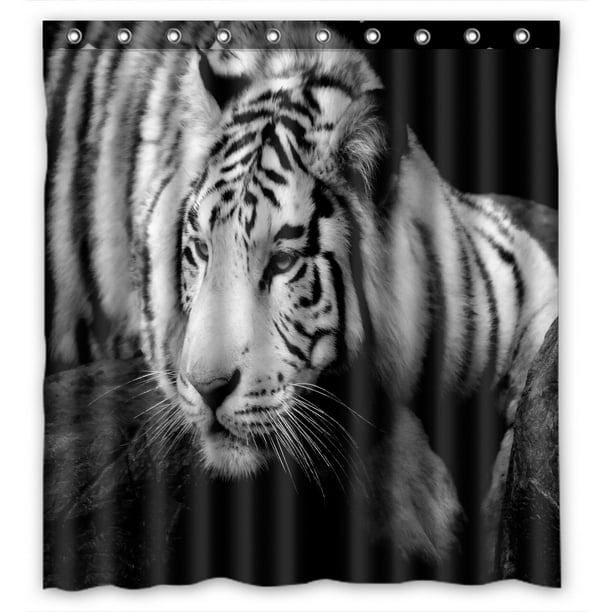 PHFZK Animal Shower Curtain, Lazy Siberian Tiger Black and White