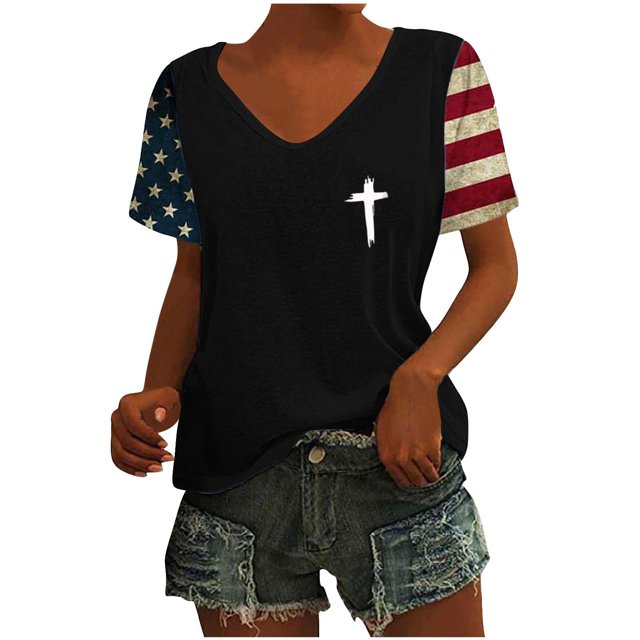 Fiudx Tops para Mujer Top de Manga Corta con Cuello En V Estampado Del Día de La Independencia para Mujer Tops de Manga Corta con Cuello En V