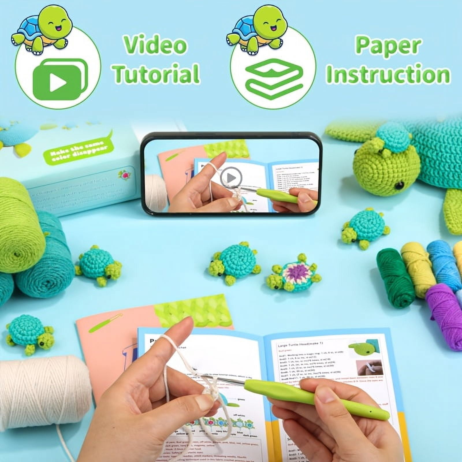 Crochet Kit for Beginners _ Turtle Crocheting Animals Kits with Step-by-Step Video Tutorials - Knitting Supplies for Adults, Crochet Hooks Yarn DIY Craft Art