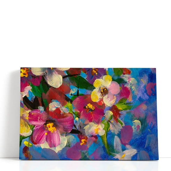 Colorful Oil Painting of Pink, Yellow and Red Flowers - Wrapped Canvas Print Wall Art | 18" W x 12" H