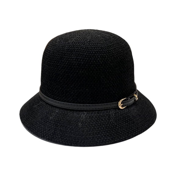 FUNUONY Womens Sun Hats Crochet Straw Hat Wide Brim Summer Beach Bucket Hat Foldable Floppy Dome Straw Cap Women Sunhat Foldable Breathable Faux Leather Buckle Summer Hand Woven Hat Black
