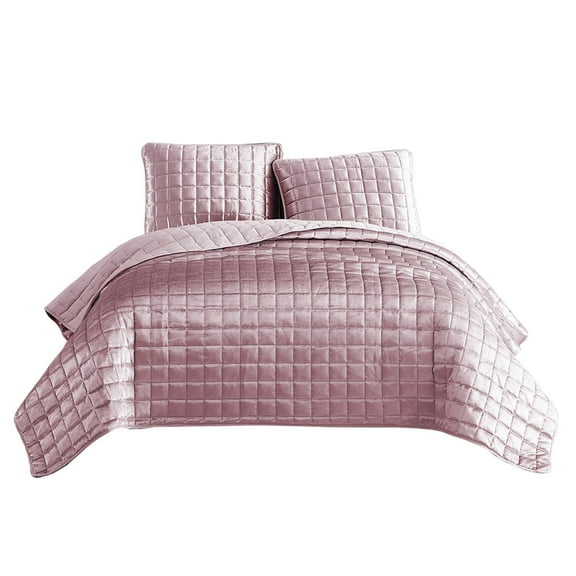 3 Piece Queen Size Coverlet Set with Stitched Square Pattern, Pink - Saltoro Sherpi