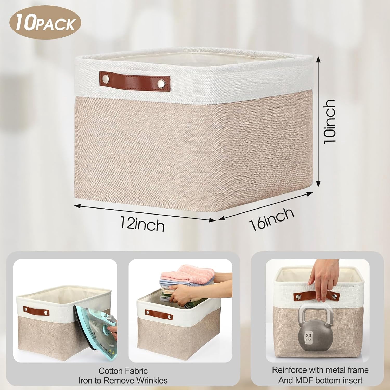 10 Pcs Collapsible Storage Bins Fabric Foldable Storage Basket with Handles Cloth Organizer Linen Shelf Baskets for Shelves Home Closet Nursery Toys(16 x 12 x 10 Inch,Beige and White)