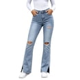thumbnail image 3 of Tqcoqu Women's High Waist Ripped Flare Jeans,Split Hem Slit Bottom Vintage Light Wash Denim Pants wiith Pockets,Light Blue Women's XXS-L, 3 of 8