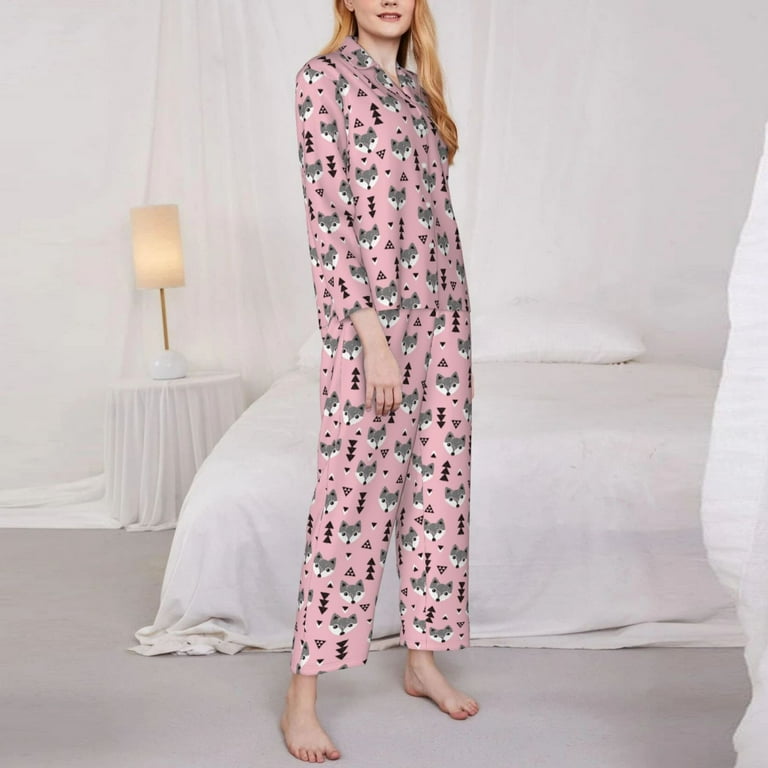 Hirioo Cute Fox Pink Tree for Women's Pajama Sets Piece Pjs