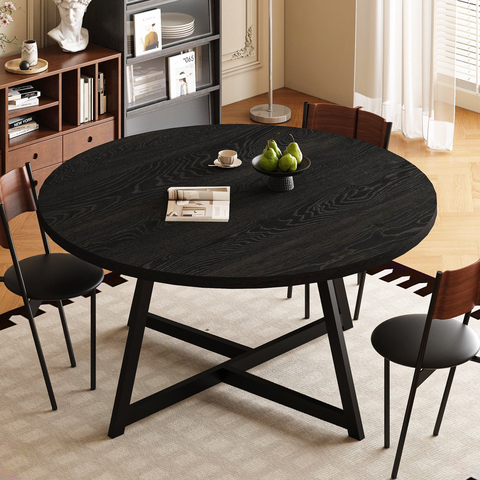 JassmiPkwy Round Dining Table for 4-8 People,Kitchen Dining Room Circle Dinner Pedestal Table,Space Saving Wood Kitchen & Dining Room Furniture (Black, 59In)