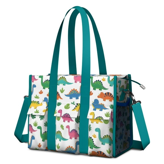 Teacher Tote Bag,Vivid Colored Dinosaur and Leaf Pattern Teacher Utility Tote Bag,Large Work Tote Bags for Women with Multiple Pockets,Top Zipper Closure,13.8x10.6x6.7 Inch