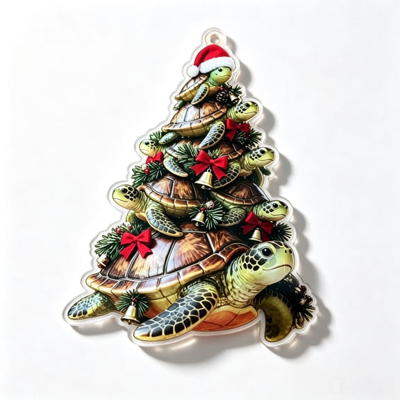 Turtle-Stacked Christmas Tree Acrylic Ornament 4.72in, 2D Flat Ocean Animal Hanging Decor with Gold String, Cute Marine Holiday Pendant for Tree Window Home