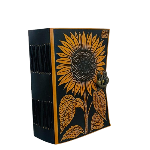 Sunflower Handmade Leather Journal – 5x7 inch – 200 Deckle Pages – Vintage Floral Notebook