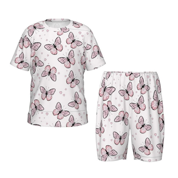 Fotbe Butterflies (2) Pijama Estampada de 2 Piezas para Niños – Ropa de Dormir de Manga Corta Cómoda para Niños y Niñas, Camiseta y Shorts de Algodón-Large