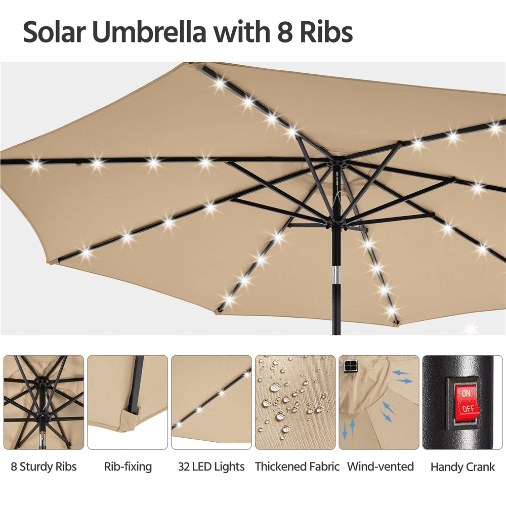 Renwick 10 Ft Outdoor Patio Umbrella with 32 LED Lights, Tan