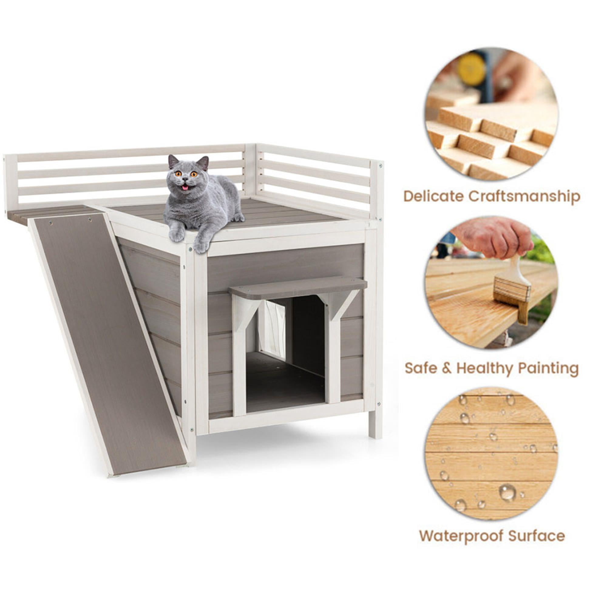 Pefilos 27" Outdoor Cat House, Wood Cat Condo for Small Cats, Weatherproof Cat Shelter with Escape Door, Gray Pefilos 27" Outdoor Cat House, Wood Cat Condo for Small Cats, Weatherproof Cat Shelter with Escape Door, Gray