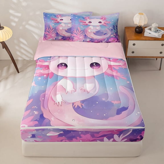 Homewish Cartoon Axolotl Zipper Twin Comforter Sets with Fitted Sheet and 2 Pillowcases For Kids Girls,Dreamy Underwater World Zipper Bedding Set,Pink Reversible,4-Piece