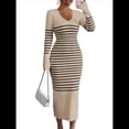 thumbnail image 2 of Vestido de Suéter A Rayas con Cuello en V para Mujer, Larga, Ajustado, Midi. Caqui M, 2 of 7