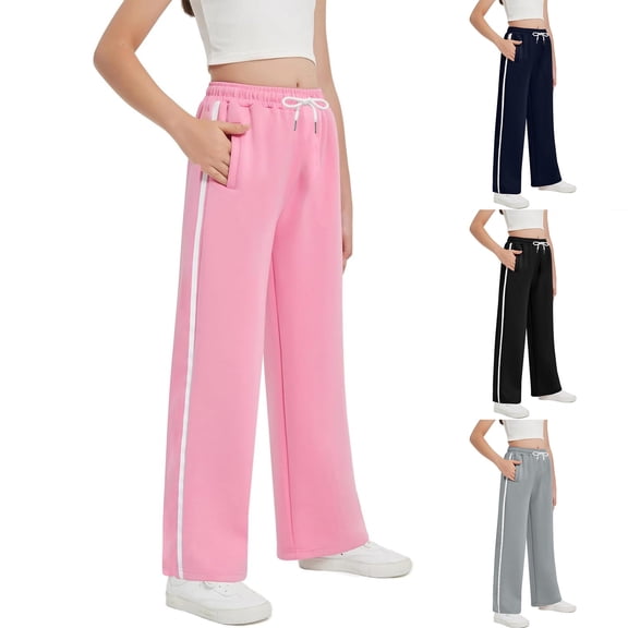 SHenli Girls Sweatpants Wide Leg Baggy Sweat Pants Side Striped Casual with Pockets Age 6-14