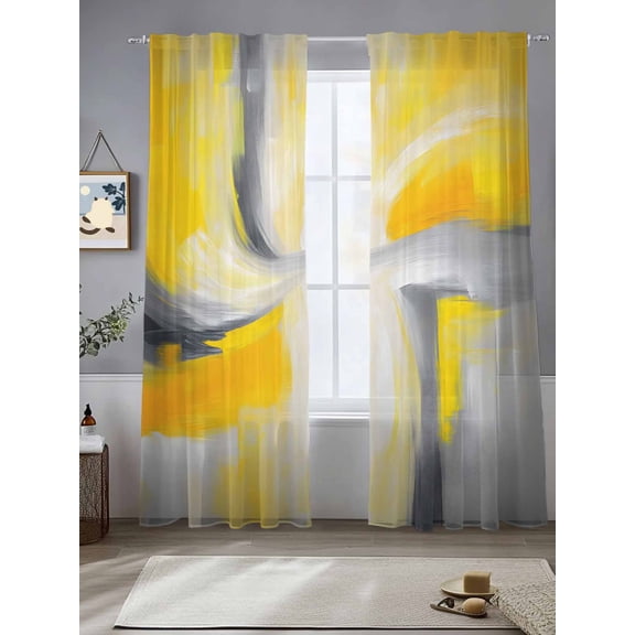 Gray Yellow Gradient Sheer Curtains 84 Inches Long 2 Panels Abstract Light Filtering Semi Sheer Window Curtains Drapes for Bedroom Living Room 52"x84"