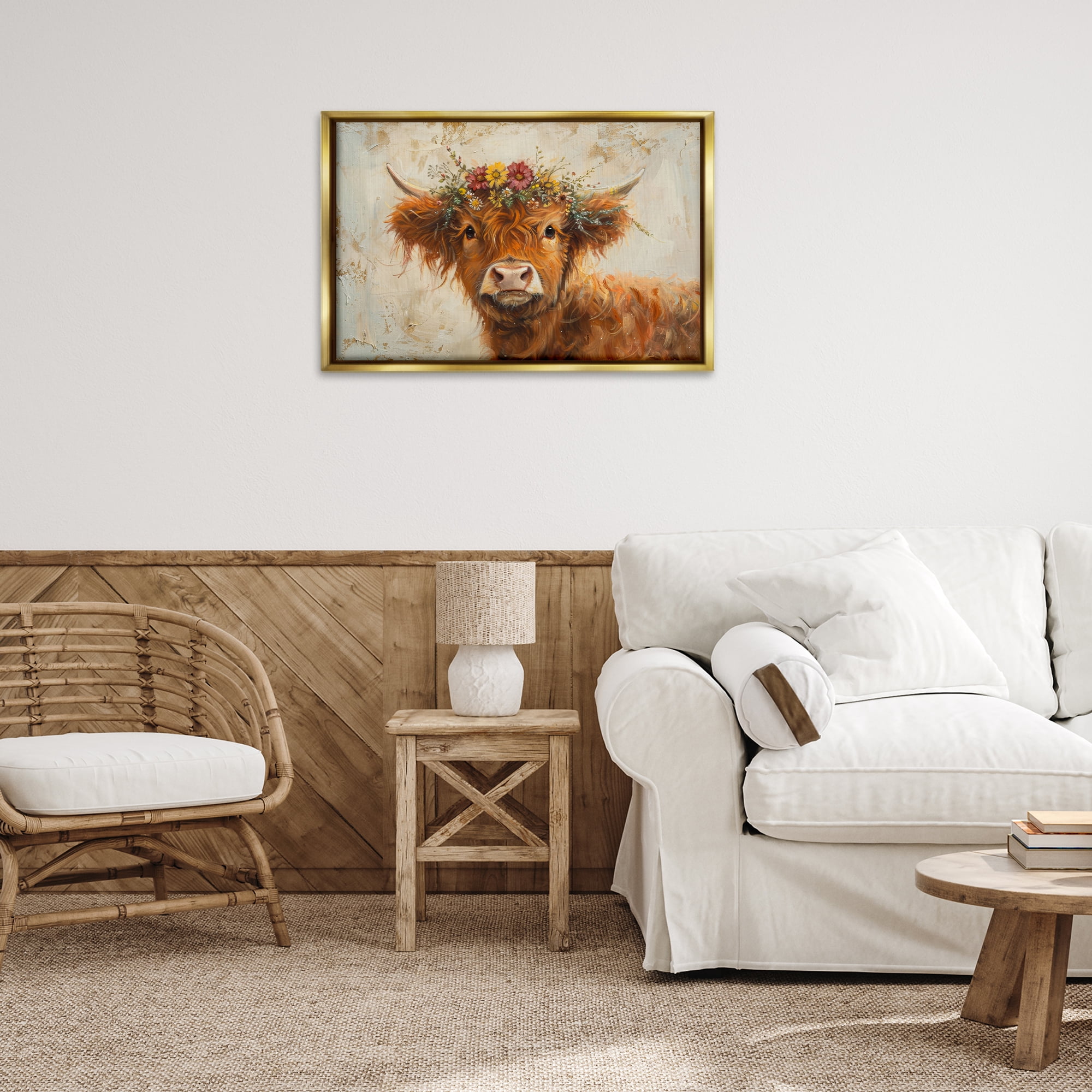 Stupell Industries Floral Crown Highland Animals & Insects Painting Gold Floater Framed Canvas Art Print Wall Art, 31 x 21