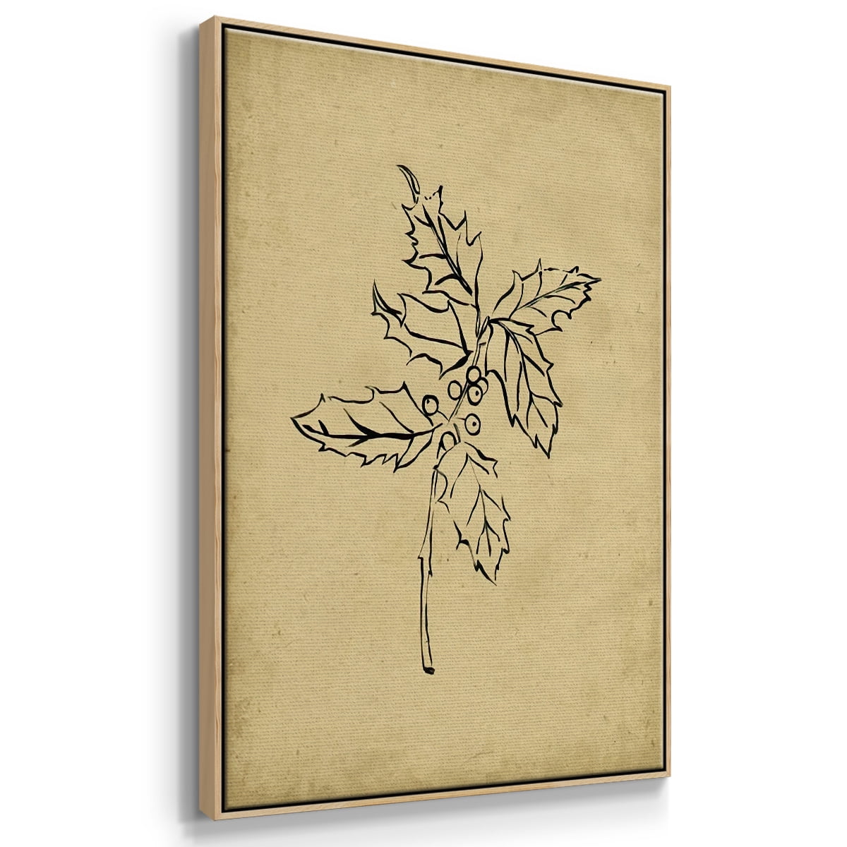Holly Branch I - Framed Gallery Wrapped Holiday Canvas - 17 x 25 - Natural Wood Frame