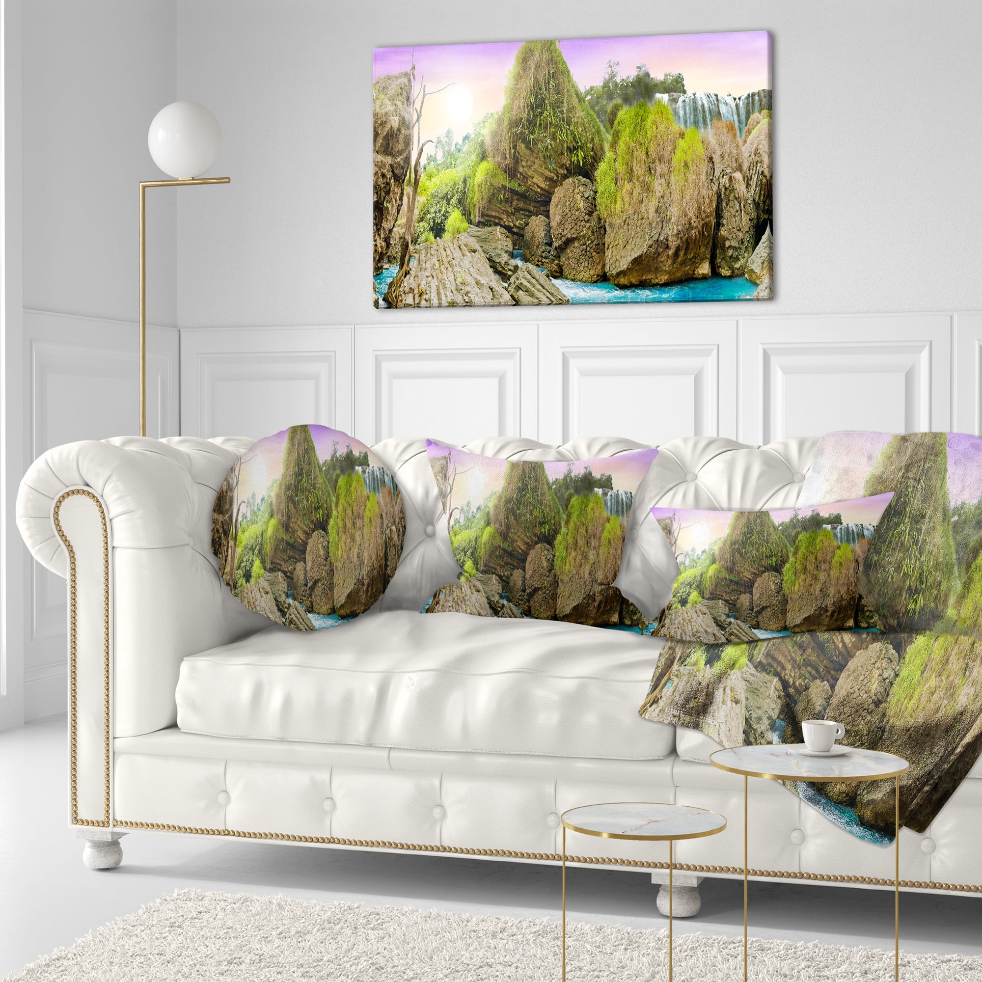 Designart Wild Forest and Waterfall Vietnam - Landscape Printed Throw Pillow - 12x20
