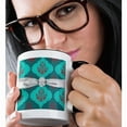 thumbnail image 2 of 3drose, Teal Aqua Red White Henna Style Damask Pattern Faux Diamond Ribbon, 15oz Two-tone Black Mug, 2 of 6