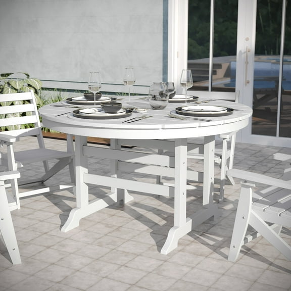 Emma   Oliver Indoor-Outdoor 48" Round Recycled HDPE Adirondack Dining Table for 4 in White