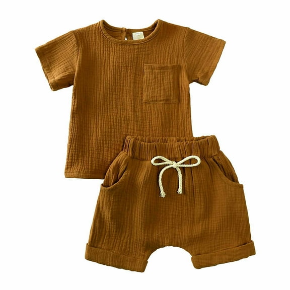 HAOTAGS Baby Boys Girls 2 Piece Short Sets Solid Color Short Sleeve Cotton T-shirt with Matching Shorts Set Brown Size 12-24 Months
