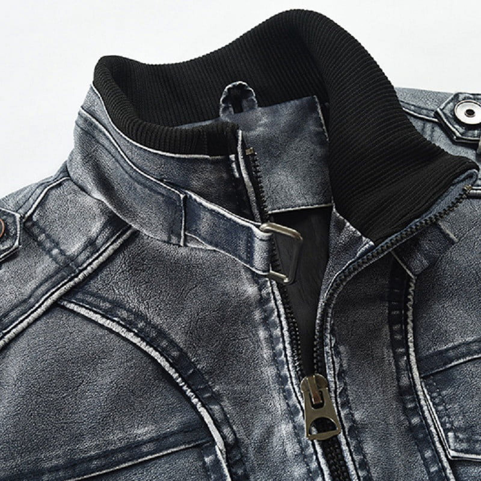 Homenesgenics Men's Leather Jacket Coats Men's Fashion Casual Thick Leather Coat Long Sleeve Stand Collar Zipper Pocket Leather Coat Warm Windproof Coat Clearance