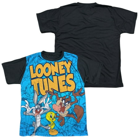 - Looney Tunes Collage Of Characters Officially Licensed Black Back Sublimation Youth T Shirt