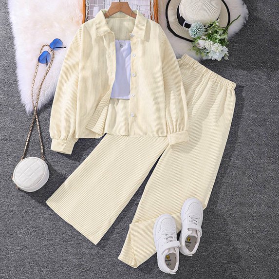 Krdevn Girls Striped Long Sleeve Shirt Outfits 2 Piece Set Casual Spring Summer Clothes for Toddler Kids Comfortable Elastic Waist,Kids Outfit,8-9 Years