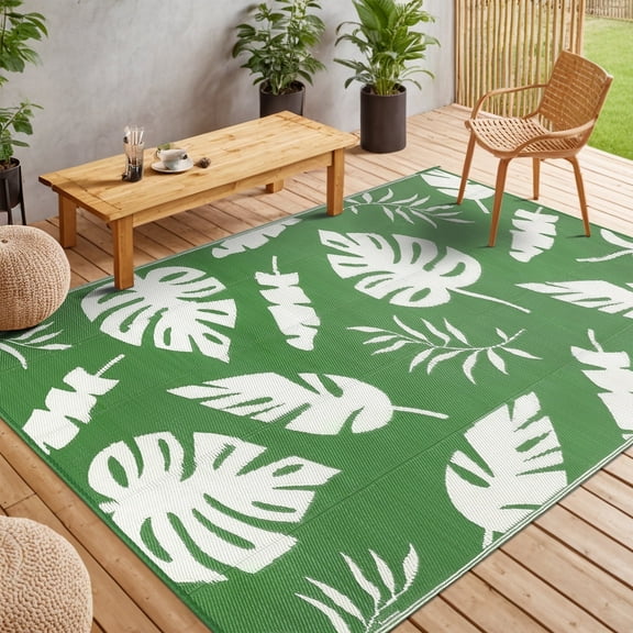 MeyJey Outdoor Rug, 5'x8' Reversible Waterproof Area Rug, Plastic Mat for RV Patio Camping, Green