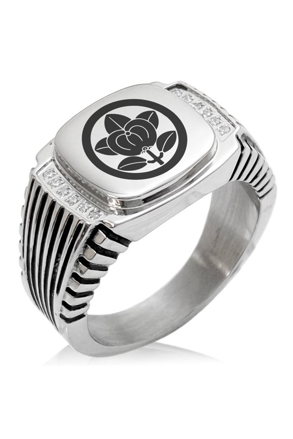 Stainless Steel Encircled Mandarin Kamon Crest CZ Ribbed Needle Stripe Pattern Biker Style Polished Ring