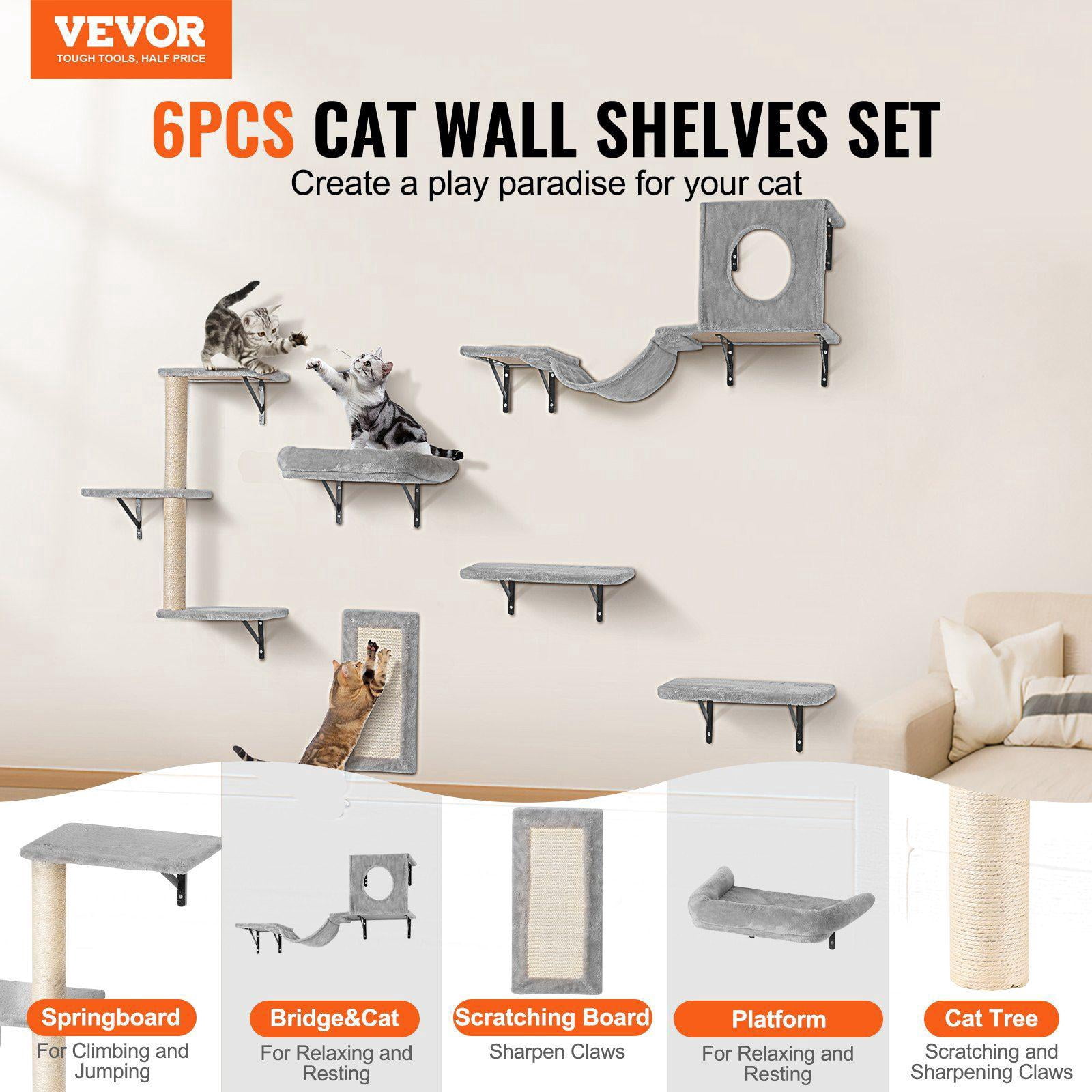 Wall Mounted Cat Shelves Set of 6 with Jumping Boards Hammock Sofa Cat Tree and Grip Supports 40 lbs for Sleeping Playing Climbing
