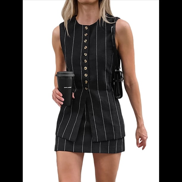 Conjunto de 2 Piezas de Blazer, Chaleco y Falda para Mujer, Cuello Redondo, Informal, Sin Mangas, con Botones, para Oficina, Verano, para Estar en Casa, Negro, Talla M
