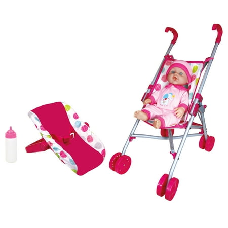 Lissi: 12" Baby Doll & Push-Carry Travel Set - Pink Elephant Onesie, Car Seat, Folding Umbrella Stroller, Feeding Bottle, Roleplay Toy, Kids 3+