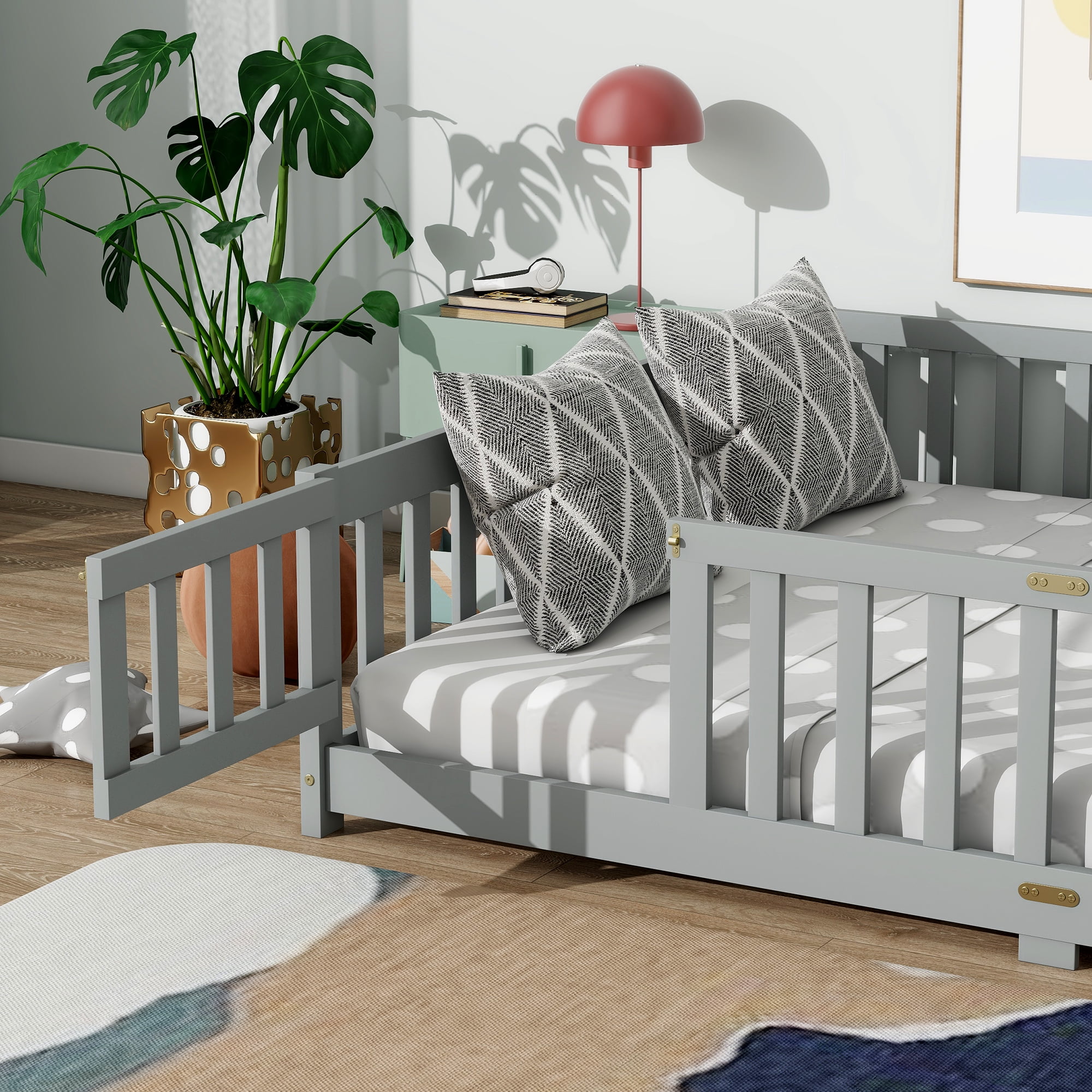 Miniyam Full Size Floor Bed with Guardrails and Door for Kids, Gray