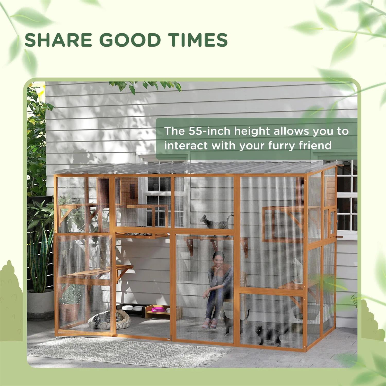 Pefilos 118" Outdoor Weatherproof Cat Cage with Scratching Post, Wooden Catio House for 2-3 Kittens Cats, Indoor Cat Enclosure, Orange
