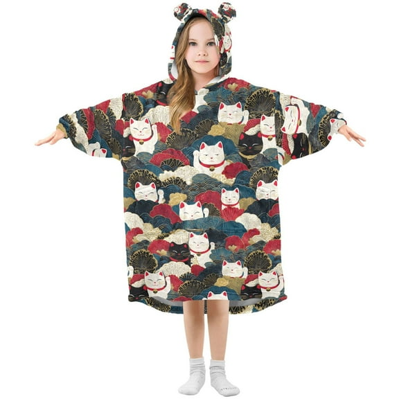 FORMRS Wearable Blanket Hoodie with Sleeves for Kids Cozy Flannel Sweatshirt, White Lucky Cat