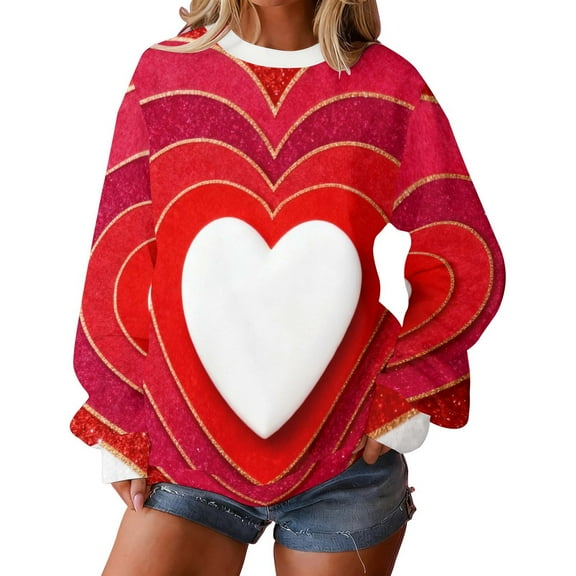 Vintage Tees for Women 2025 Cute Heart Print Long Sleeve Tunic Tops Casual Round Neck Long Sleeve Printed T-Shirt Top Dressy Casual Loose Blouses