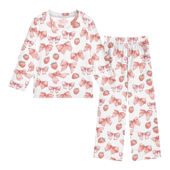 Pink Bows Strawberries Cozy Soft Long Sleeves Top and Pants 2 Piece Cool Pjs Pajamas Set Sleepwear Size 3-11Y
