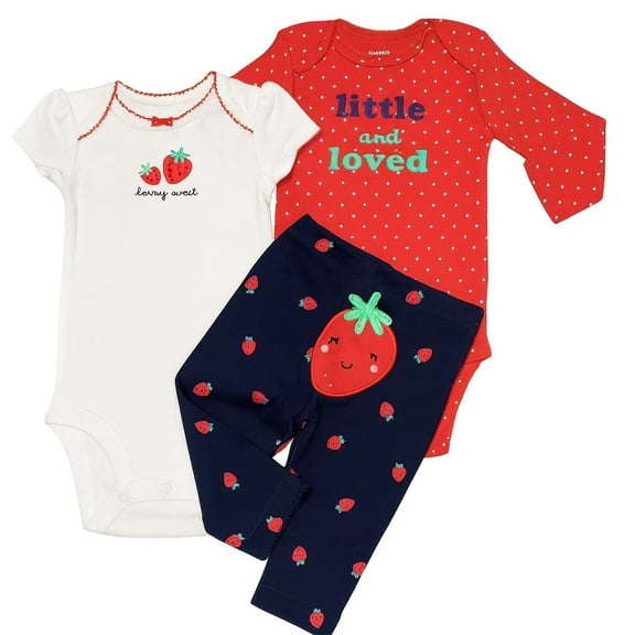 Carters Baby Girls Strawberry 3pc Bodysuit & Pants Outfit Set 9M Pink-Navy Blue