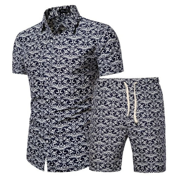 Defitshape Men's Short 2 Piece Outfit Party Short Sleeve Button Up Shorts Set Casual Suits Summer Cool Beach Vacation Slim Fit Matching Set Suit Style1 Small