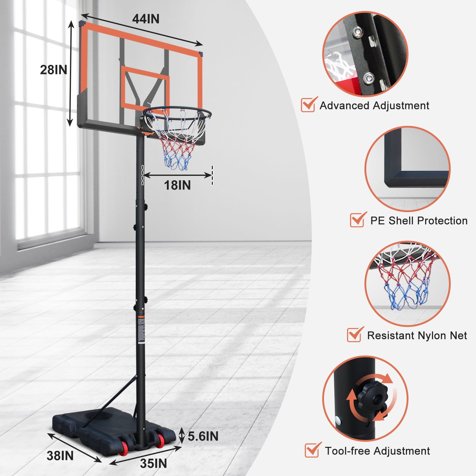 Basketball Hoop Basketball Hoop 5.73-10FT Height Adjustable Portable Basketball Goal for Indoor Outdoor Basketball Stand 44in Backboard with Wheels Orange,Basketball Goal