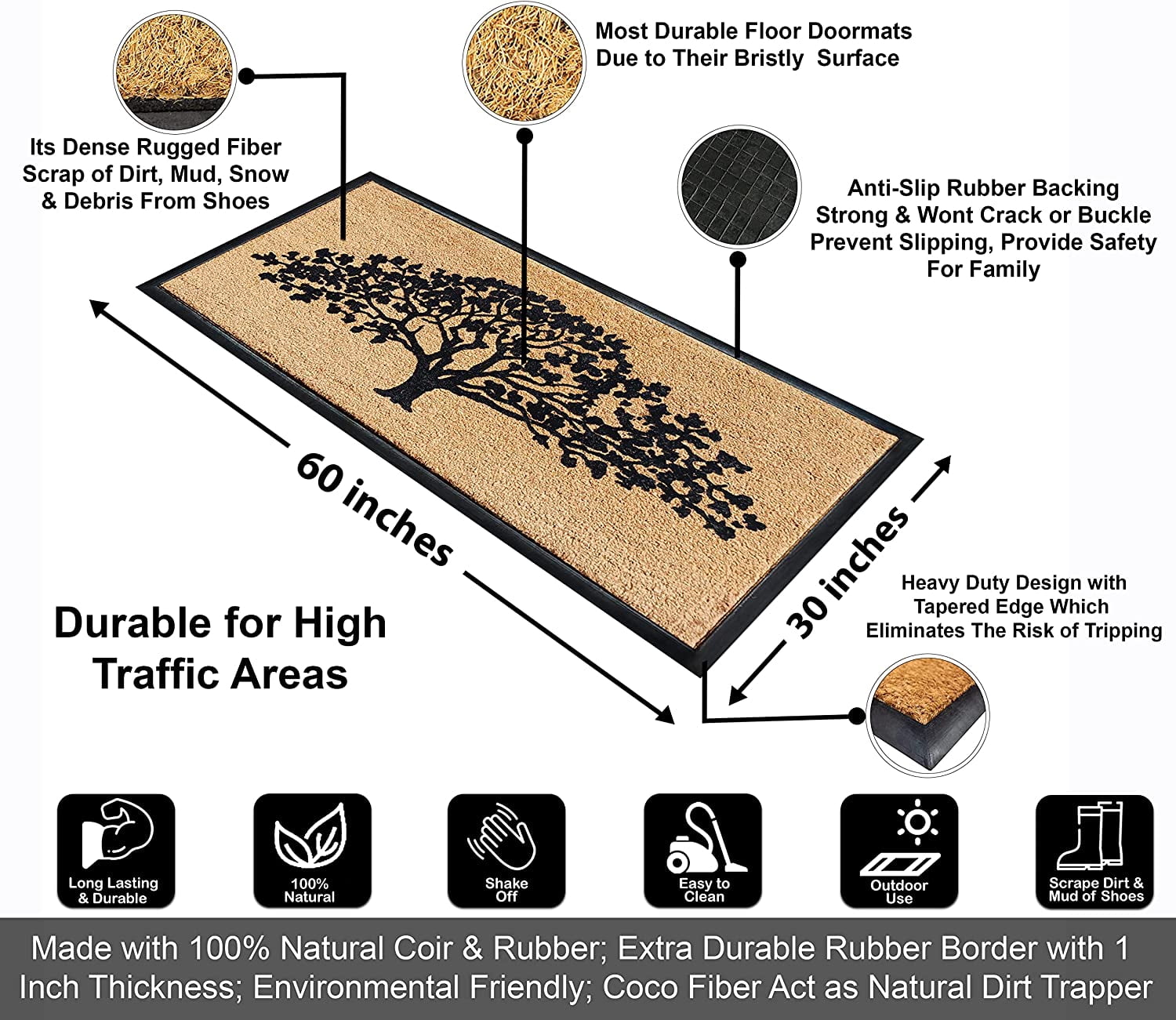 A1HC 30"x60" Natural Coir & Rubber Door Mat, Heavy Duty Thick Durable Anti-Shed Fade-Resistant Welcome Mat for Front Porch, Oak Tree Black