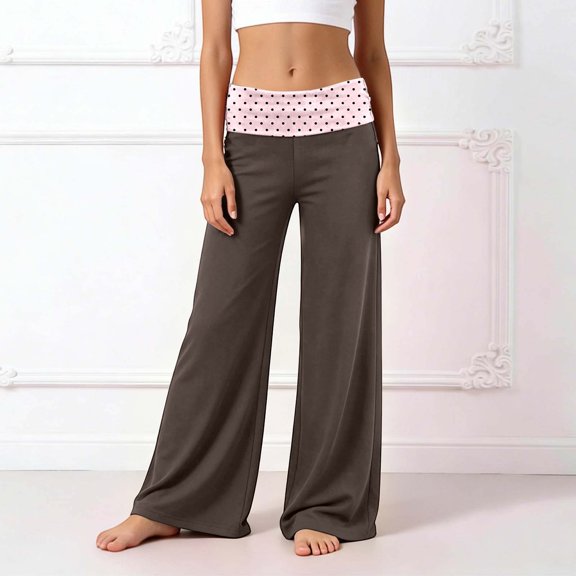 RUTAYY Girls Pants Wide Leg Polka Dot Fold Over Patchwork Waist Casual Bottoms Relaxed Fit Casual Trousers, Coffee