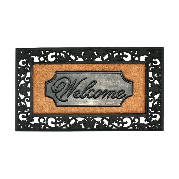 A1HC Natural Coir and Rubber Welcome Door Mat, 23" x 38" Durable Doormat for Indoor Outdoor Entrance, Heavy Duty, Easy to Clean, Black Floral
